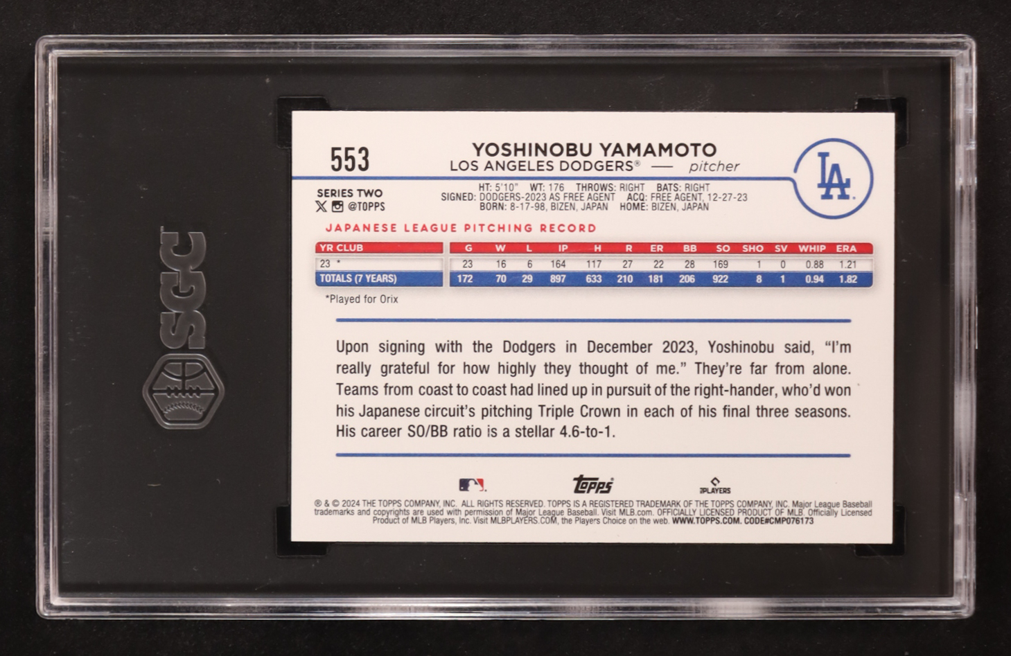 Yoshinobu Yamamoto 2024 Topps #553 RC (SGC 9.5) at PristineAuction.com Yoshinobu Yamamoto 2024 Topps #553 RC (SGC 9.5) at PristineAuction.com