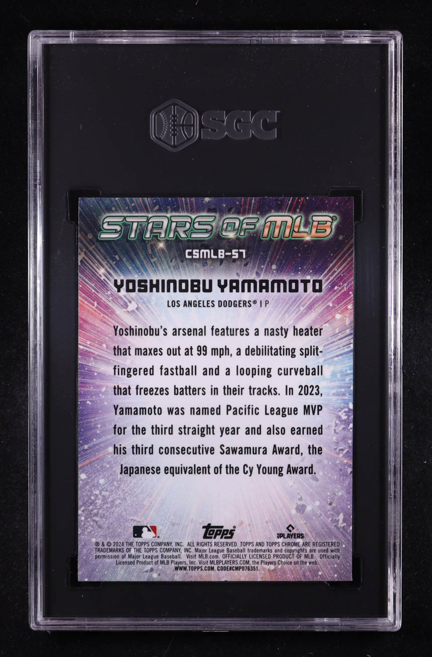 Yoshinobu Yamamoto 2024 Topps Stars of MLB Chrome #CSMLB57 RC (SGC 9) at PristineAuction.com Yoshinobu Yamamoto 2024 Topps Stars of MLB Chrome #CSMLB57 RC (SGC 9) at PristineAuction.com