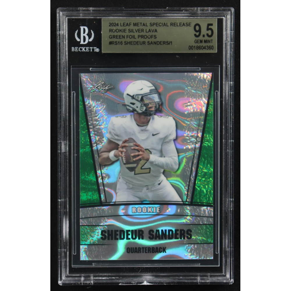 Shedeur Sanders 2024 Leaf Metal Special Release Rookie Silver Lava Green Foil Proofs #RS16 RC (BGS 9.5) at PristineAuction.com