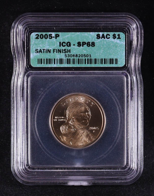 2005-P Sacagawea $1 Dollar Coin - Satin Finish (ICG SP68) at PristineAuction.com 2005-P Sacagawea $1 Dollar Coin - Satin Finish (ICG SP68) at PristineAuction.com