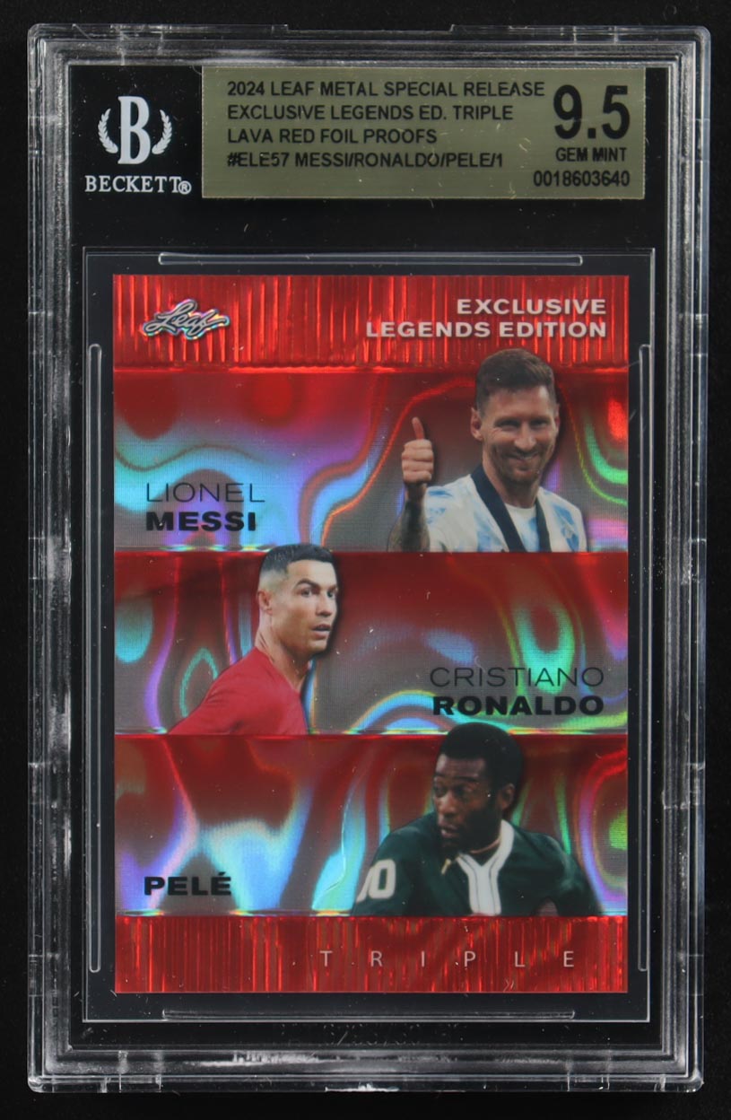 Pele / Lionel Messi / Cristiano Ronaldo 2024 Leaf Special Release Metal Exclusive Legends Edition Triple Red Foil Proofs #ELE57 (CGC 9.5) at PristineAuction.com Pele / Lionel Messi / Cristiano Ronaldo 2024 Leaf Special Release Metal Exclusive Legends Edition Triple Red Foil Proofs #ELE57 (CGC 9.5) at PristineAuction.com