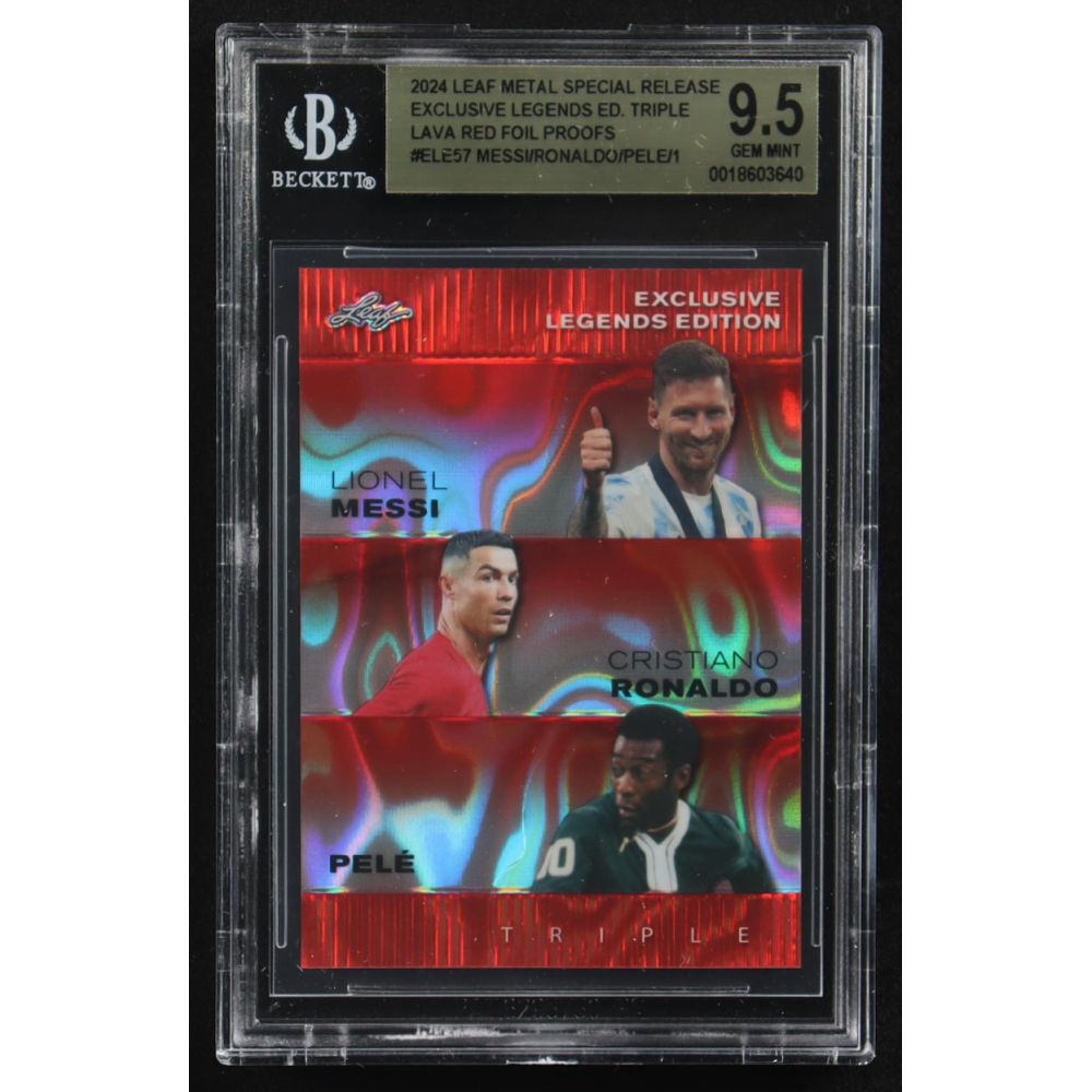 Pele / Lionel Messi / Cristiano Ronaldo 2024 Leaf Special Release Metal Exclusive Legends Edition Triple Red Foil Proofs #ELE57 (CGC 9.5) at PristineAuction.com
