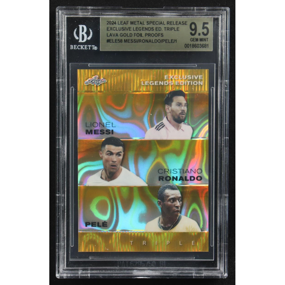 Pele / Lionel Messi / Cristiano Ronaldo 2024 Leaf Special Release Metal Exclusive Legends Edition Triple Gold Foil Proofs #ELE58 (CGC 9.5) at PristineAuction.com