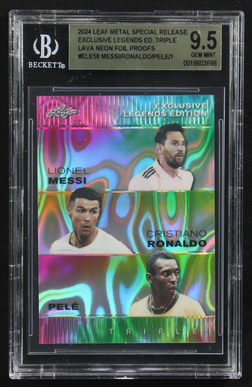 Pele / Lionel Messi / Cristiano Ronaldo 2024 Leaf Special Release Metal Exclusive Legends Edition Triple Neon Foil Proofs #ELE58 (CGC 9.5) at PristineAuction.com Pele / Lionel Messi / Cristiano Ronaldo 2024 Leaf Special Release Metal Exclusive Legends Edition Triple Neon Foil Proofs #ELE58 (CGC 9.5) at PristineAuction.com