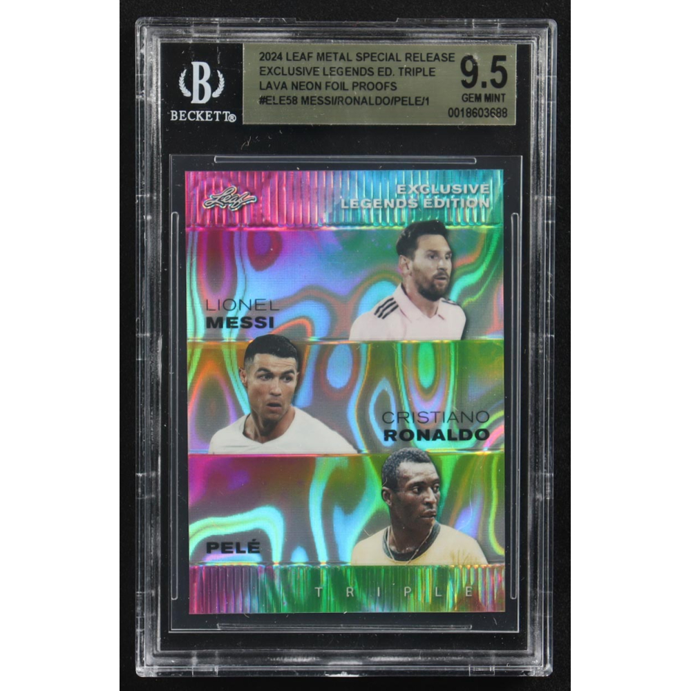 Pele / Lionel Messi / Cristiano Ronaldo 2024 Leaf Special Release Metal Exclusive Legends Edition Triple Neon Foil Proofs #ELE58 (CGC 9.5) at PristineAuction.com