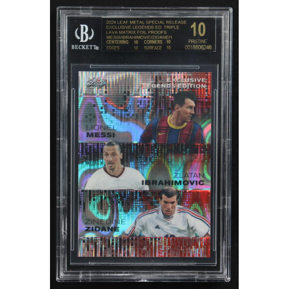 Lionel Messi / Zinedine Zidane / Zlatan Ibrahimovic 2024 Leaf Metal Special Release Exclusive Legends Ed. Triple Lava Matrix Foil Proofs (BGS 10) at PristineAuction.com