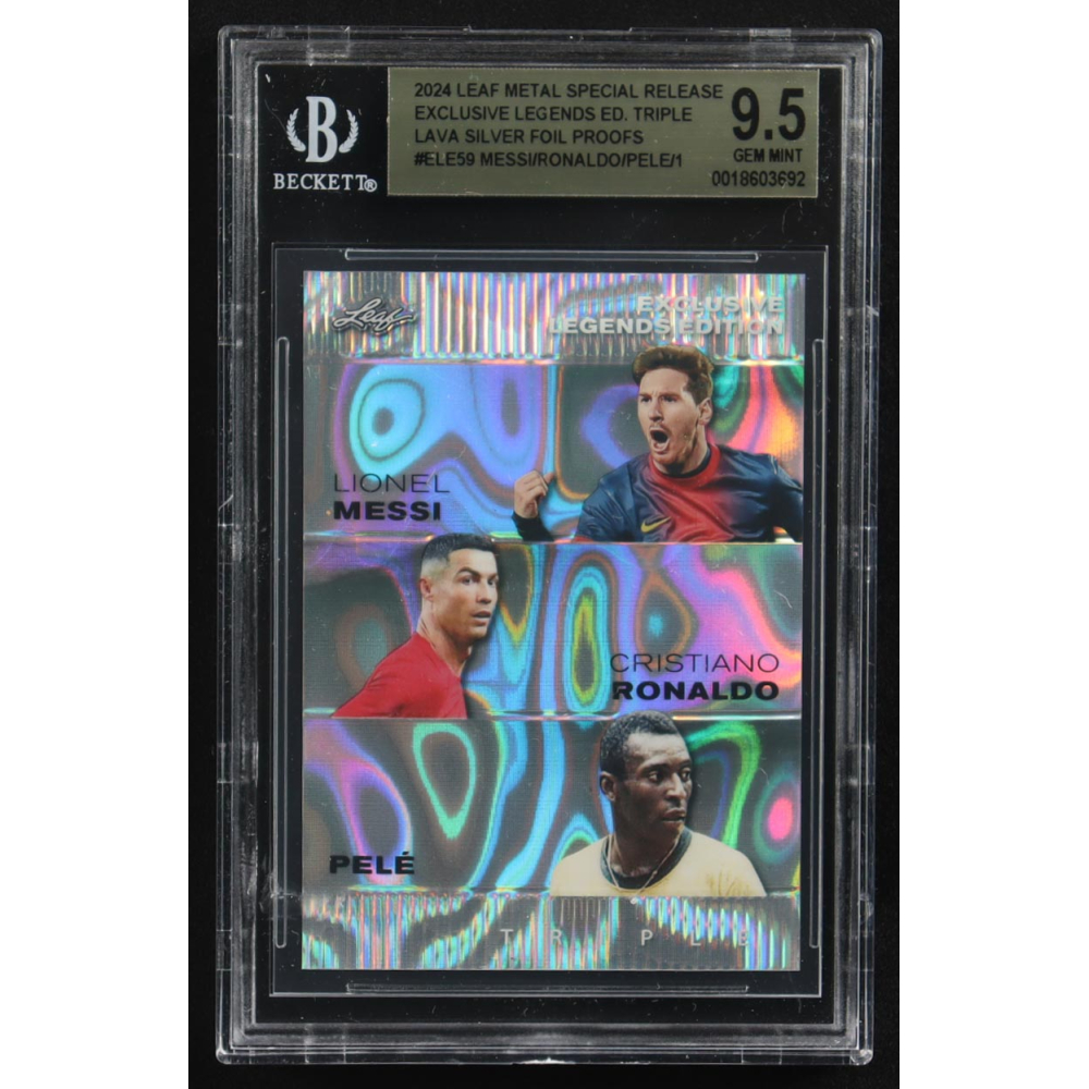 Pele / Lionel Messi / Cristiano Ronaldo 2024 Leaf Special Release Metal Exclusive Legends Edition Triple Silver Foil Proofs #ELE59 (CGC 9.5) at PristineAuction.com