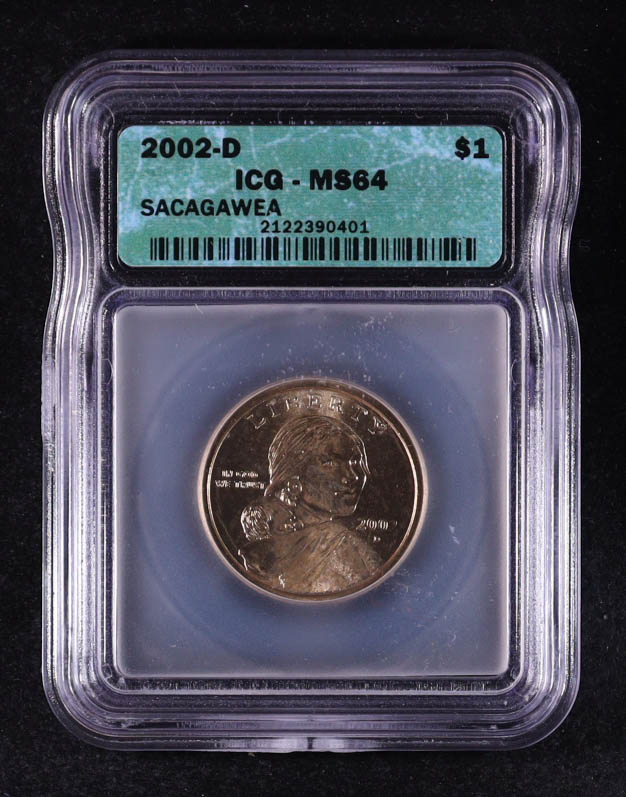 2002-D Sacagawea $1 Dollar Coin (ICG MS64) at PristineAuction.com 2002-D Sacagawea $1 Dollar Coin (ICG MS64) at PristineAuction.com