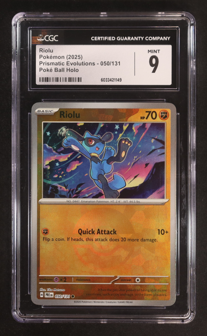 Riolu 2025 Pokemon TCG Scarlet & Violet Prismatic Evolutions #050 POKE BALL (CGC 9) at PristineAuction.com Riolu 2025 Pokemon TCG Scarlet & Violet Prismatic Evolutions #050 POKE BALL (CGC 9) at PristineAuction.com