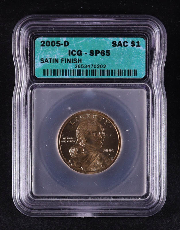 2005-D Sacagawea $1 Dollar Coin - Satin Finish (ICG SP65) at PristineAuction.com 2005-D Sacagawea $1 Dollar Coin - Satin Finish (ICG SP65) at PristineAuction.com
