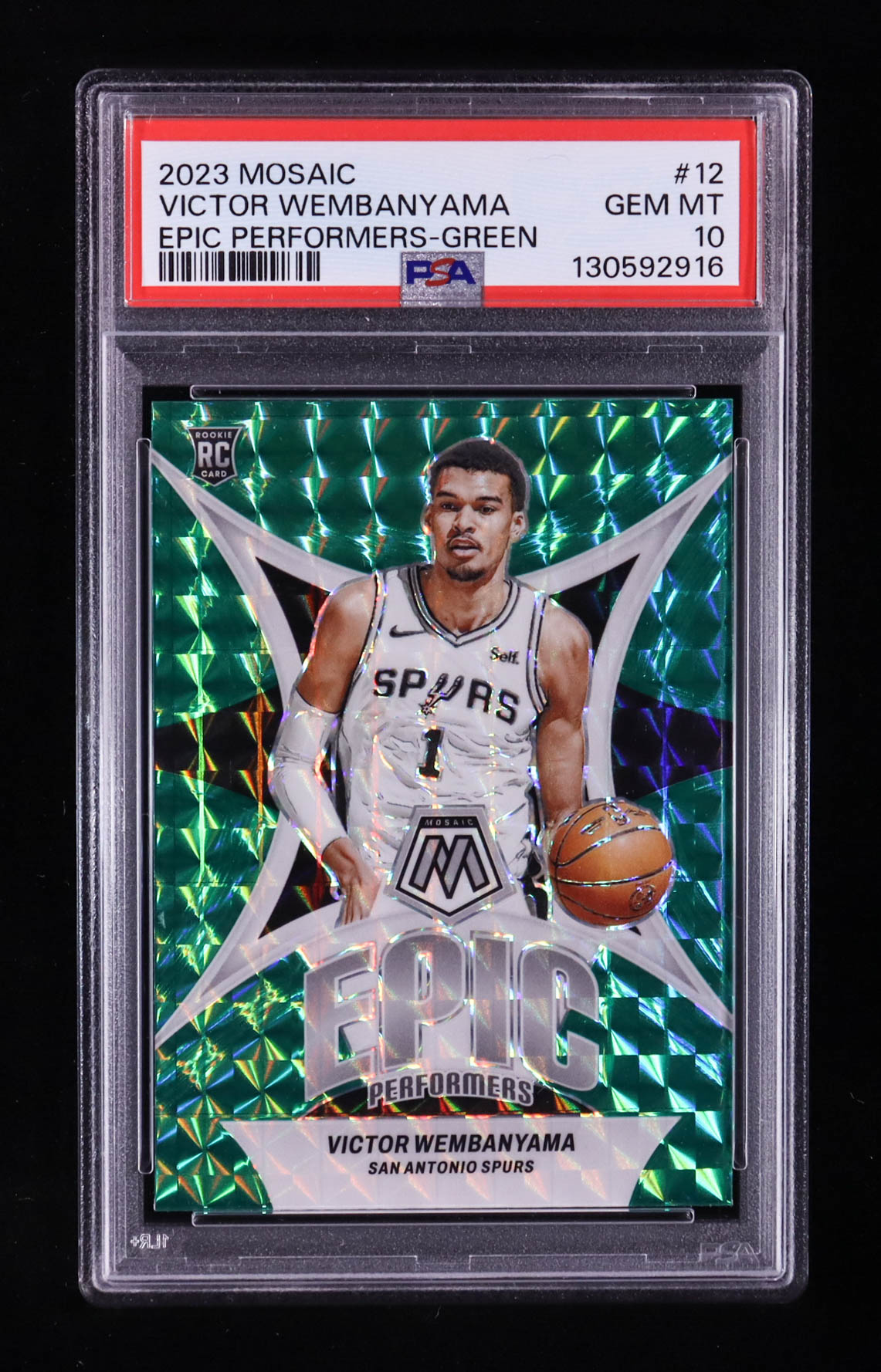 Victor Wembanyama 2023-24 Panini Mosaic Epic Performers Mosaic Green #12 RC (PSA 10) at PristineAuction.com Victor Wembanyama 2023-24 Panini Mosaic Epic Performers Mosaic Green #12 RC (PSA 10) at PristineAuction.com