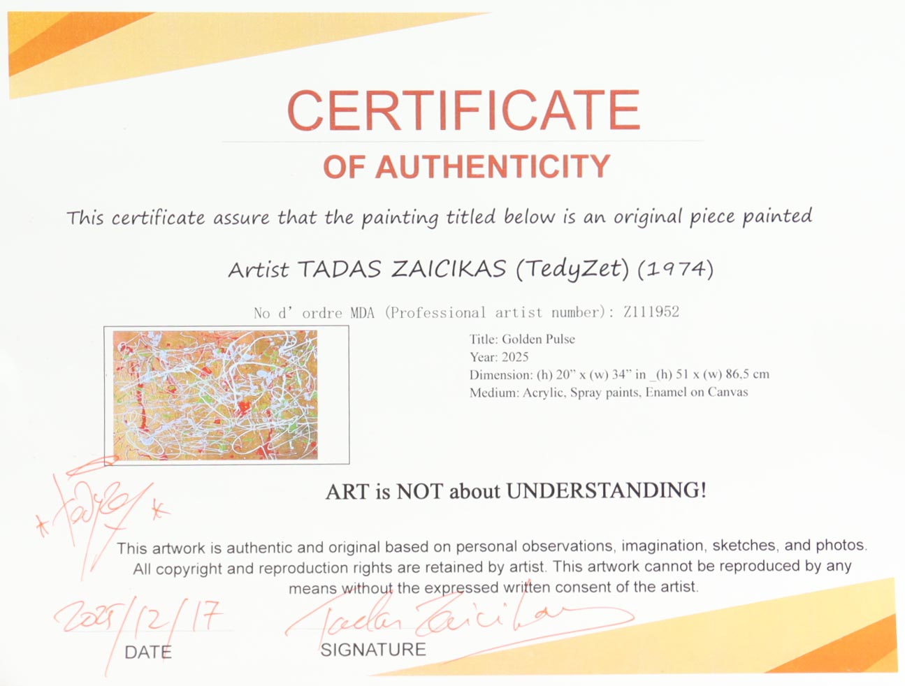 "Golden Pulse" 2025 24x36 Original Painting on Canvas by Tadas Zaicikas | TedyZet (Zaicikas) at PristineAuction.com "Golden Pulse" 2025 24x36 Original Painting on Canvas by Tadas Zaicikas | TedyZet (Zaicikas) at PristineAuction.com