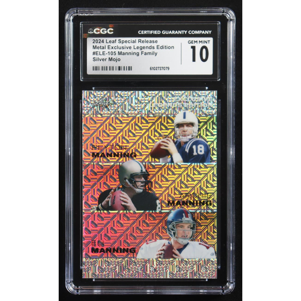Archie Manning / Peyton Manning / Eli Manning 2024 Leaf Metal Special Release Exclusive Legends Ed. Manning Family Silver Mojo Triple #ELE-105 #7/25 (CGC 10) at PristineAuction.com