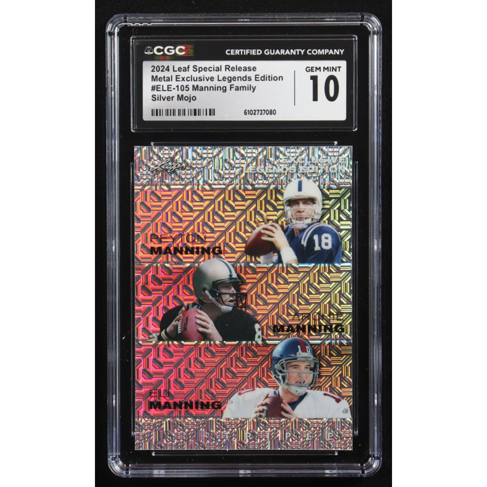 Archie Manning / Peyton Manning / Eli Manning 2024 Leaf Metal Special Release Exclusive Legends Ed. Manning Family Silver Mojo Triple #ELE-105 #6/25 (CGC 10) at PristineAuction.com