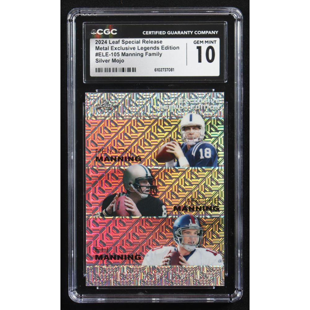 Archie Manning / Peyton Manning / Eli Manning 2024 Leaf Metal Special Release Exclusive Legends Ed. Manning Family Silver Mojo Triple #ELE-105 #4/25 (CGC 10) at PristineAuction.com