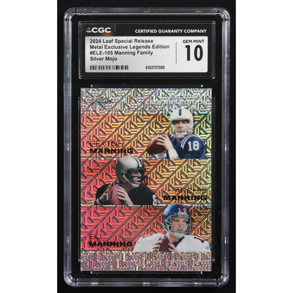 Archie Manning / Peyton Manning / Eli Manning 2024 Leaf Metal Special Release Exclusive Legends Ed. Manning Family Silver Mojo Triple #ELE-105 #3/25 (CGC 10) at PristineAuction.com