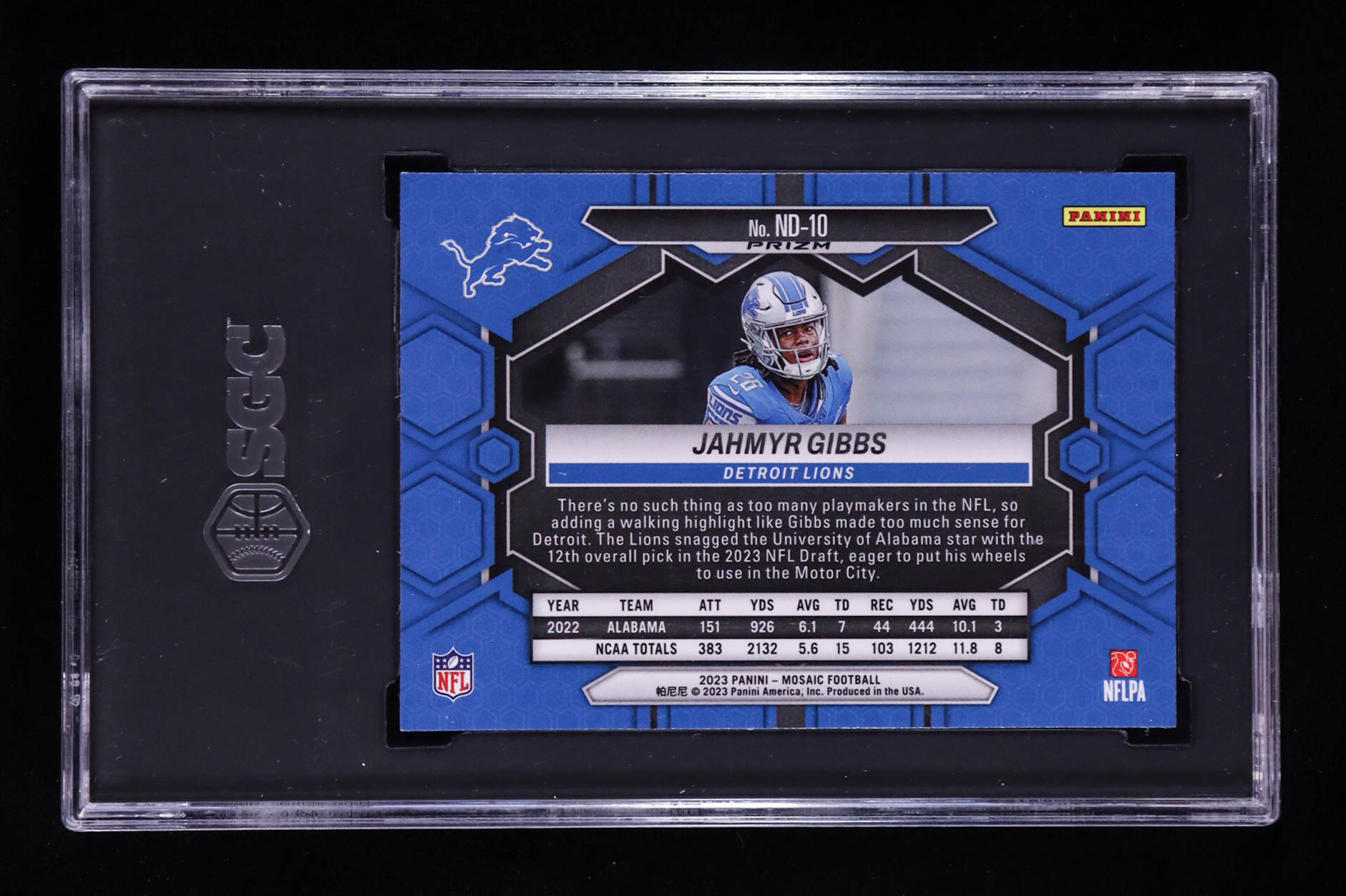 Jahmyr Gibbs 2023 Panini Mosaic NFL Debut Mosaic Reactive Yellow #10 RC (SGC 9.5) at PristineAuction.com Jahmyr Gibbs 2023 Panini Mosaic NFL Debut Mosaic Reactive Yellow #10 RC (SGC 9.5) at PristineAuction.com