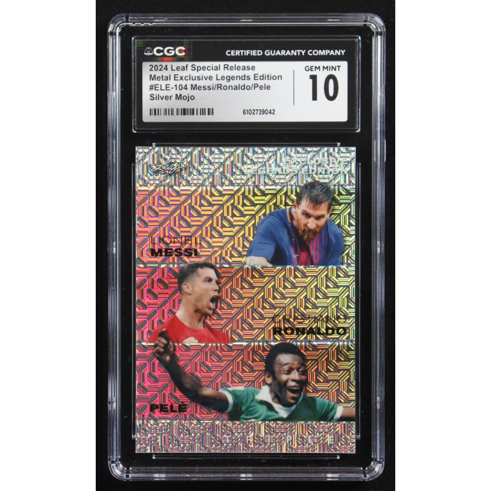 Pele / Lionel Messi / Cristiano Ronaldo 2024 Leaf Special Release Metal Exclusive Legends Edition Silver Mojo Triple #ELE-104 #24/25 (CGC 10) at PristineAuction.com