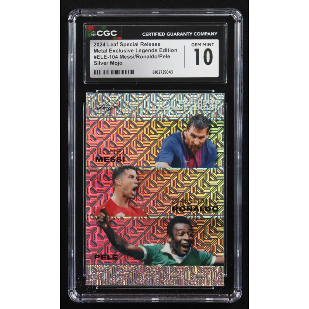 Pele / Lionel Messi / Cristiano Ronaldo 2024 Leaf Special Release Metal Exclusive Legends Edition Silver Mojo Triple #ELE-104 #23/25 (CGC 10) at PristineAuction.com