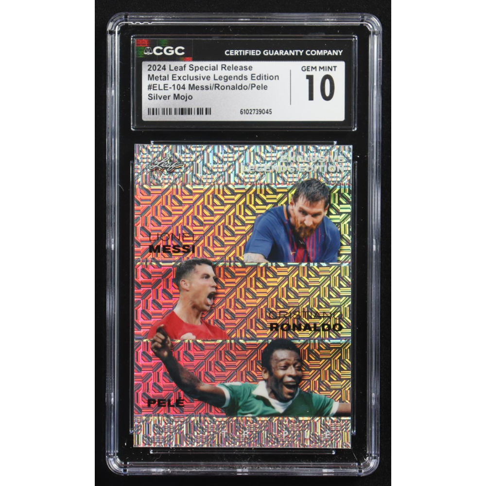 Pele / Lionel Messi / Cristiano Ronaldo 2024 Leaf Special Release Metal Exclusive Legends Edition Silver Mojo Triple #ELE-104 #21/25 (CGC 10) at PristineAuction.com