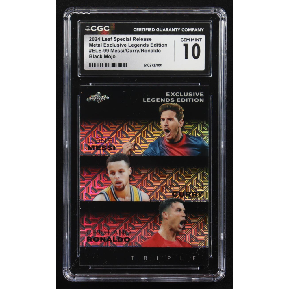 Stephen Curry / Lionel Messi / Cristiano Ronaldo 2024 Leaf Special Release Metal Exclusive Legends Edition Black Mojo Triple #ELE-99 #2/7 (CGC 10) at PristineAuction.com