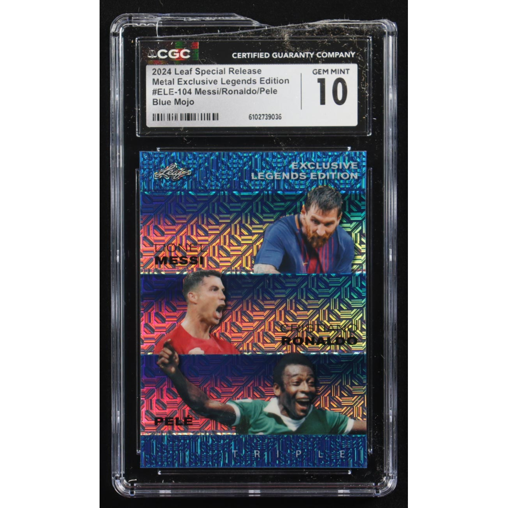Pele / Lionel Messi / Cristiano Ronaldo 2024 Leaf Special Release Metal Exclusive Legends Edition Blue Mojo Triple #ELE-104 #6/20 (CGC 10) at PristineAuction.com