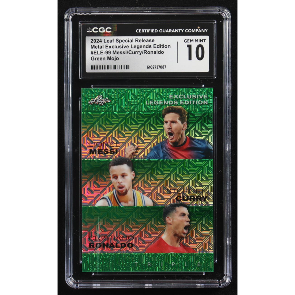 Stephen Curry / Lionel Messi / Cristiano Ronaldo 2024 Leaf Special Release Metal Exclusive Legends Edition Green Mojo Triple #ELE-99 #3/5 (CGC 10) at PristineAuction.com