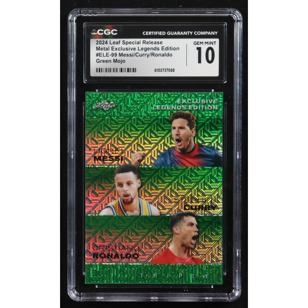 Stephen Curry / Lionel Messi / Cristiano Ronaldo 2024 Leaf Special Release Metal Exclusive Legends Edition Green Mojo Triple #ELE-99 #2/5 (CGC 10) at PristineAuction.com