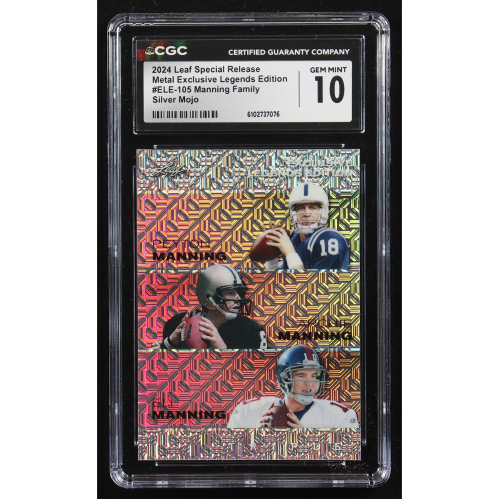 Archie Manning / Peyton Manning / Eli Manning 2024 Leaf Metal Special Release Exclusive Legends Ed. Manning Family Silver Mojo Triple #ELE-105 #10/25 (CGC 10) at PristineAuction.com