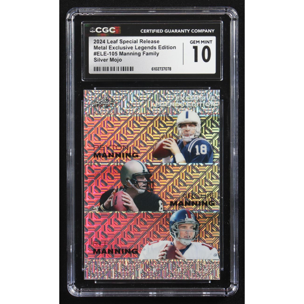 Archie Manning / Peyton Manning / Eli Manning 2024 Leaf Metal Special Release Exclusive Legends Ed. Manning Family Silver Mojo Triple #ELE-105 #8/25 (CGC 10) at PristineAuction.com