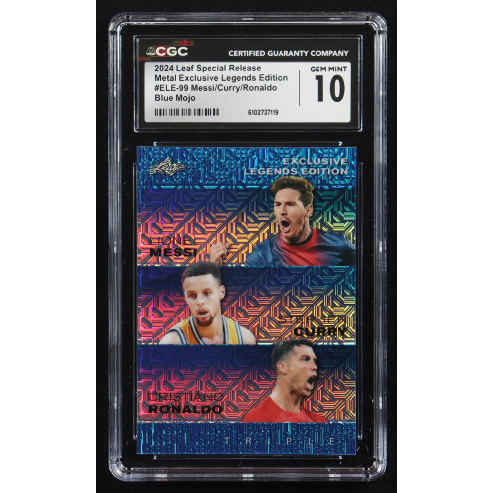 Stephen Curry / Lionel Messi / Cristiano Ronaldo 2024 Leaf Special Release Metal Exclusive Legends Edition Blue Mojo Triple #ELE-99 #10/20 (CGC 10) at PristineAuction.com