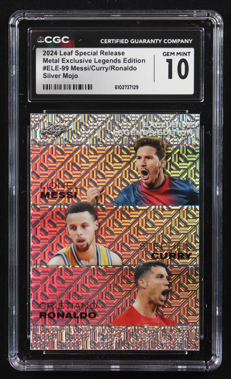 Stephen Curry / Lionel Messi / Cristiano Ronaldo 2024 Leaf Special Release Metal Exclusive Legends Edition Silver Mojo Triple #ELE-99 #16/25 (CGC 10) at PristineAuction.com Stephen Curry / Lionel Messi / Cristiano Ronaldo 2024 Leaf Special Release Metal Exclusive Legends Edition Silver Mojo Triple #ELE-99 #16/25 (CGC 10) at PristineAuction.com