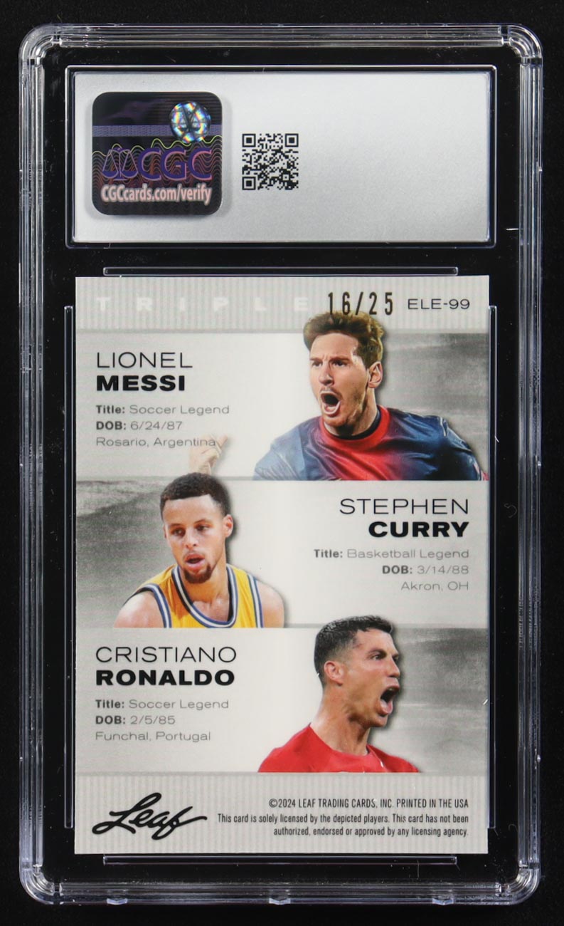 Stephen Curry / Lionel Messi / Cristiano Ronaldo 2024 Leaf Special Release Metal Exclusive Legends Edition Silver Mojo Triple #ELE-99 #16/25 (CGC 10) at PristineAuction.com Stephen Curry / Lionel Messi / Cristiano Ronaldo 2024 Leaf Special Release Metal Exclusive Legends Edition Silver Mojo Triple #ELE-99 #16/25 (CGC 10) at PristineAuction.com