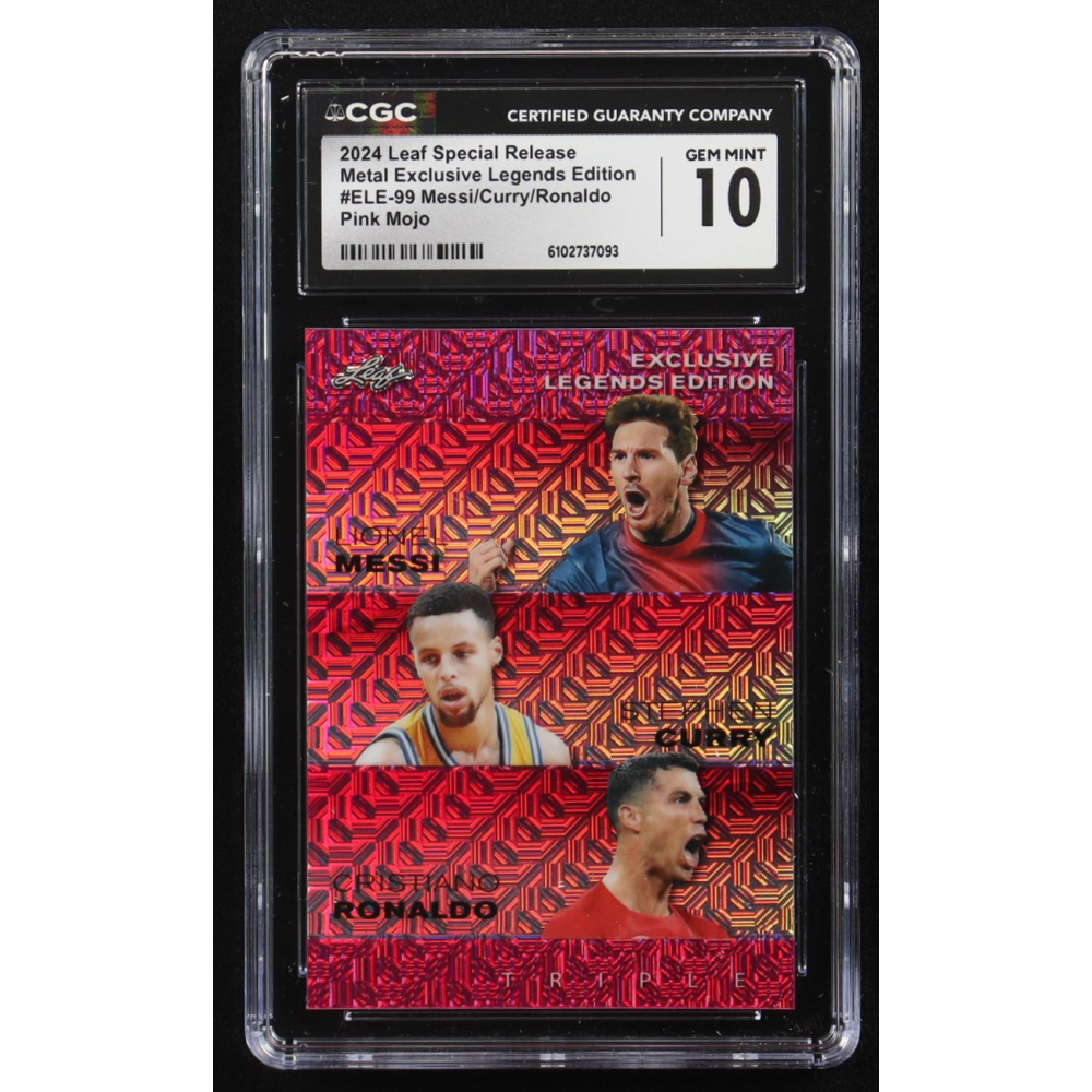 Stephen Curry / Lionel Messi / Cristiano Ronaldo 2024 Leaf Special Release Metal Exclusive Legends Edition Pink Mojo Triple #ELE-99 #8/10 (CGC 10) at PristineAuction.com