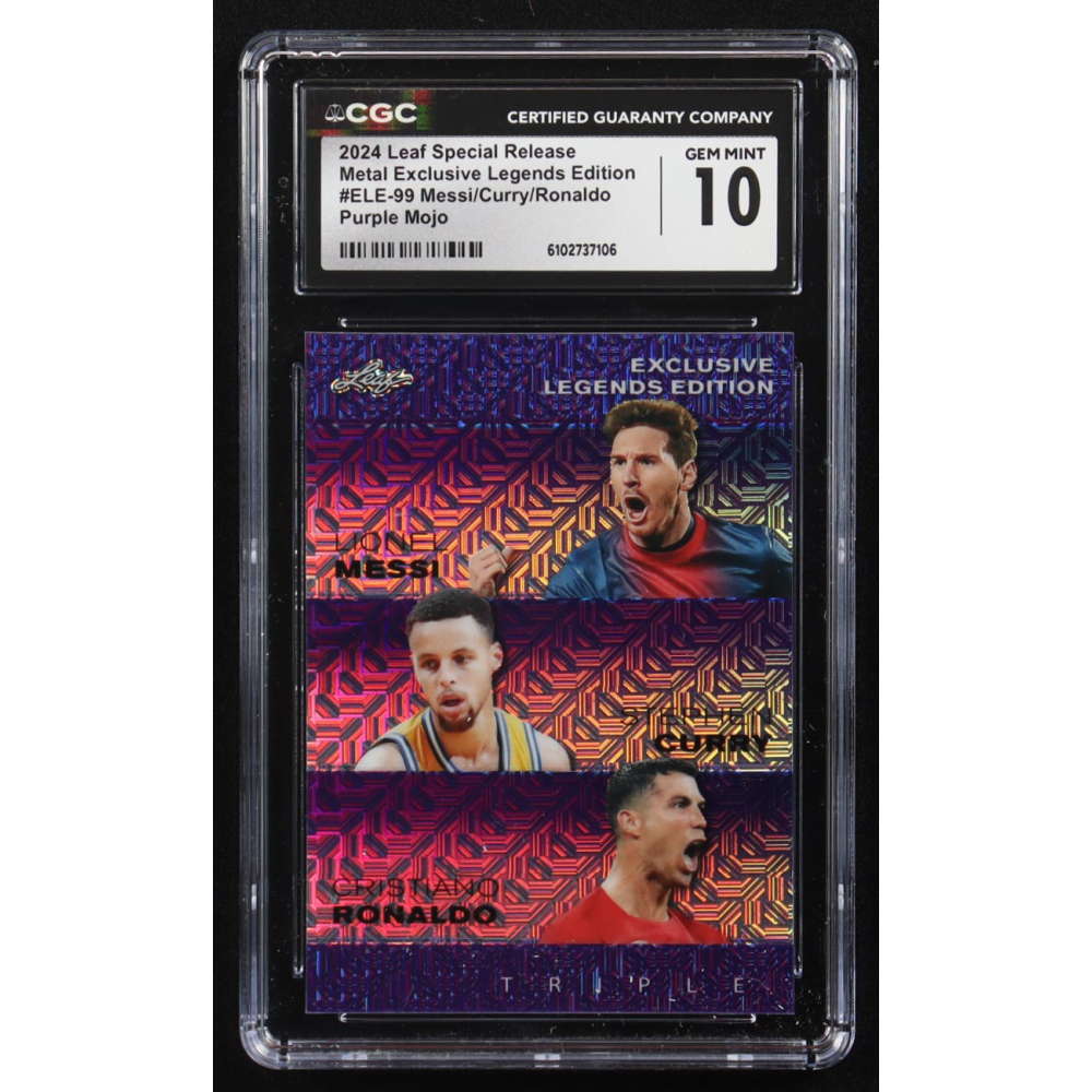 Stephen Curry / Lionel Messi / Cristiano Ronaldo 2024 Leaf Special Release Metal Exclusive Legends Edition Purple Mojo Triple #ELE-99 #9/15 (CGC 10) at PristineAuction.com