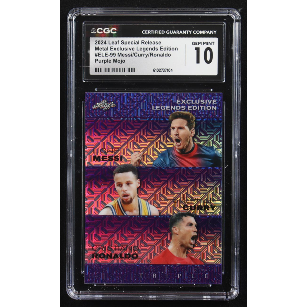 Stephen Curry / Lionel Messi / Cristiano Ronaldo 2024 Leaf Special Release Metal Exclusive Legends Edition Purple Mojo Triple #ELE-99 #11/15 (CGC 10) at PristineAuction.com