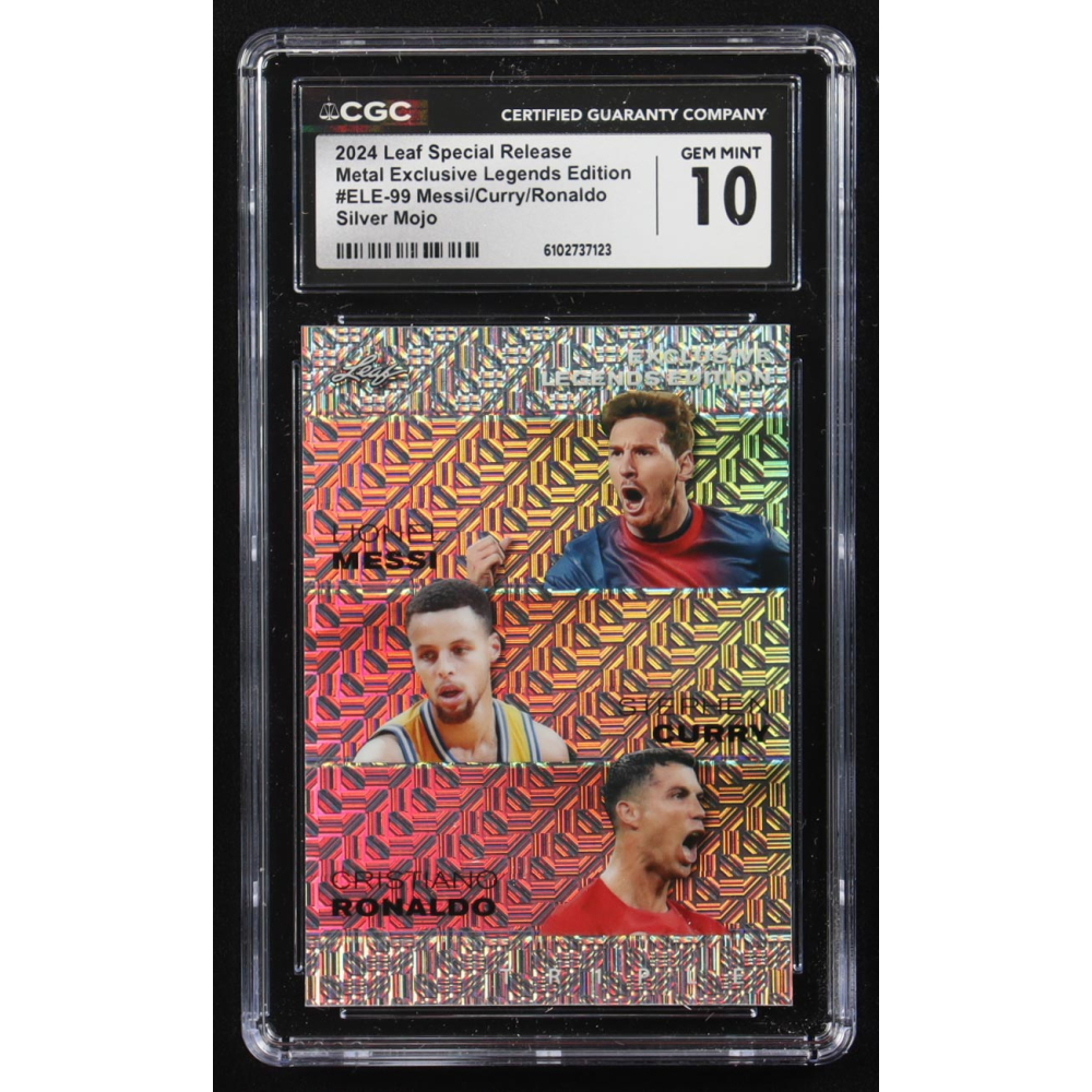 Stephen Curry / Lionel Messi / Cristiano Ronaldo 2024 Leaf Special Release Metal Exclusive Legends Edition Silver Mojo Triple #ELE-99 #22/25 (CGC 10) at PristineAuction.com