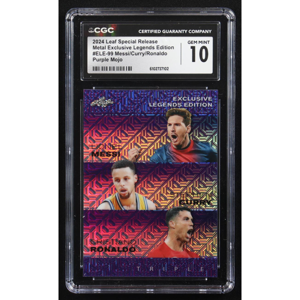 Stephen Curry / Lionel Messi / Cristiano Ronaldo 2024 Leaf Special Release Metal Exclusive Legends Edition Purple Mojo Triple #ELE-99 #14/15 (CGC 10) at PristineAuction.com