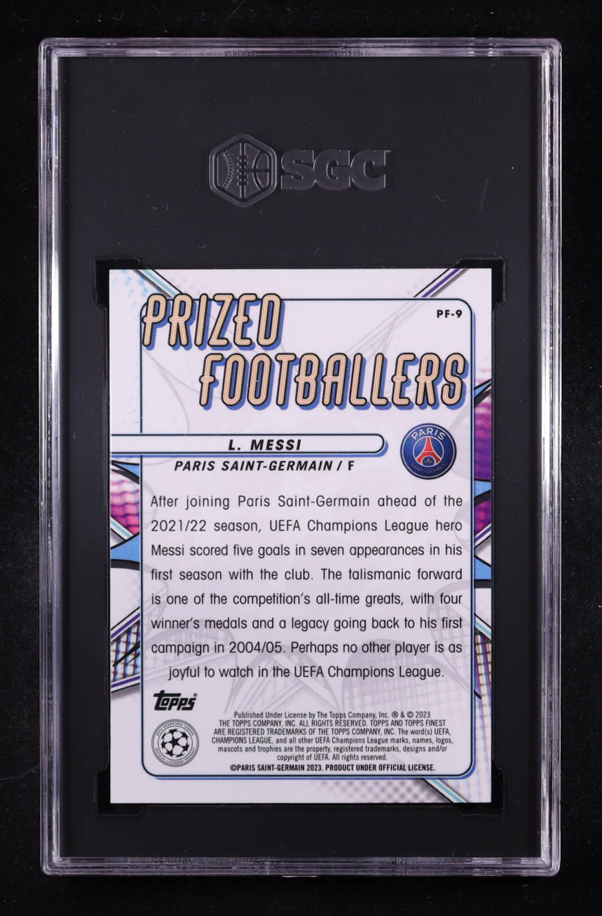 Lionel Messi 2022-23 Finest UEFA Club Competitions Prized Footballers #PF9 (SGC 10) at PristineAuction.com Lionel Messi 2022-23 Finest UEFA Club Competitions Prized Footballers #PF9 (SGC 10) at PristineAuction.com