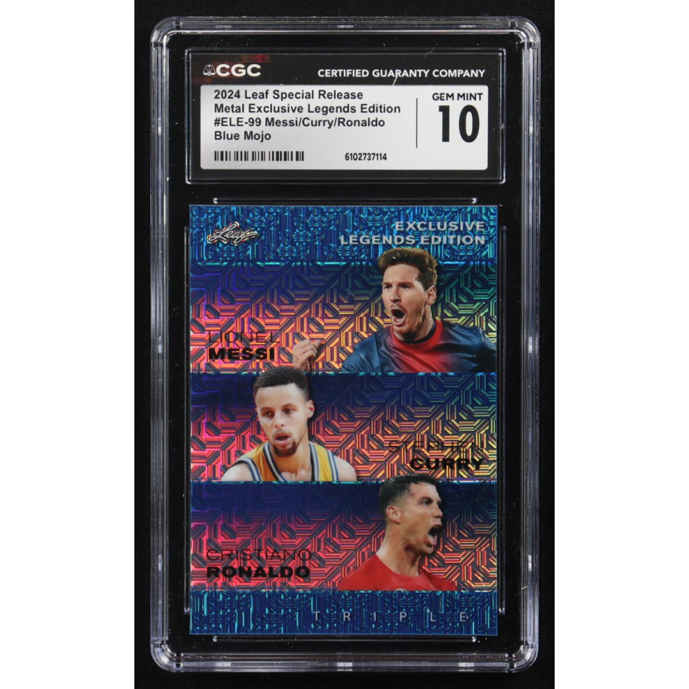 Stephen Curry / Lionel Messi / Cristiano Ronaldo 2024 Leaf Special Release Metal Exclusive Legends Edition Blue Mojo Triple #ELE-99 #20/20 (CGC 10) at PristineAuction.com