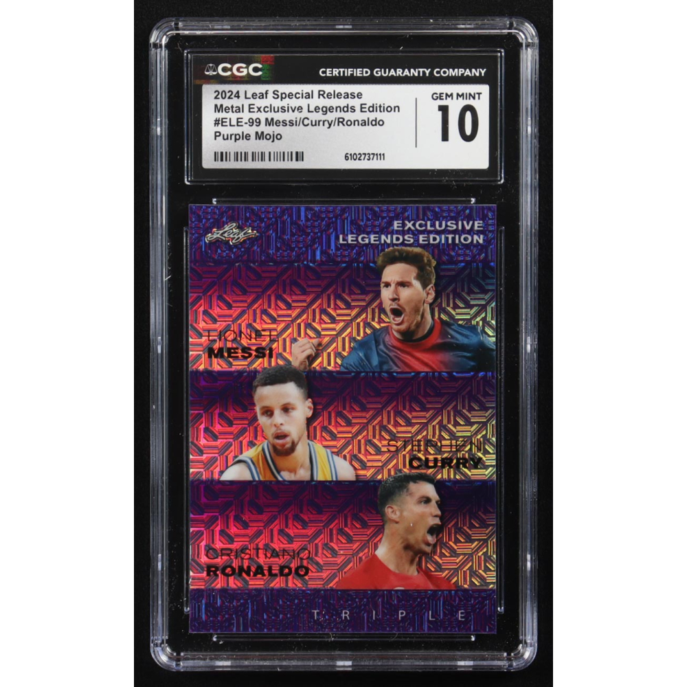 Stephen Curry / Lionel Messi / Cristiano Ronaldo 2024 Leaf Special Release Metal Exclusive Legends Edition Purple Mojo Triple #ELE-99 #3/15 (CGC 10) at PristineAuction.com