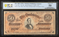 1864 (1959) Confederate States of America $50 Fifty Dollars Bank Note Bond Modern Reprint - 3 Series, T-66 (PCGS About UNC 50) at PristineAuction.com