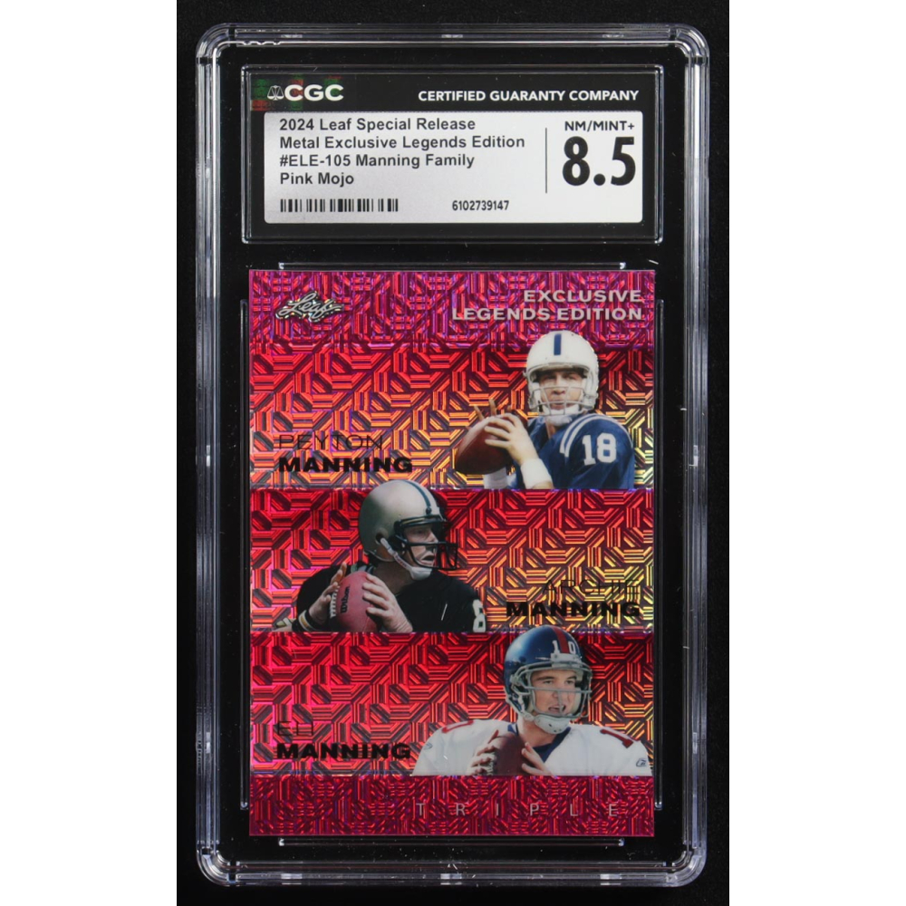 Archie Manning / Peyton Manning / Eli Manning 2024 Leaf Metal Special Release Exclusive Legends Ed. Manning Family Pink Mojo Triple #ELE-105 #9/10 (CGC 8.5) at PristineAuction.com