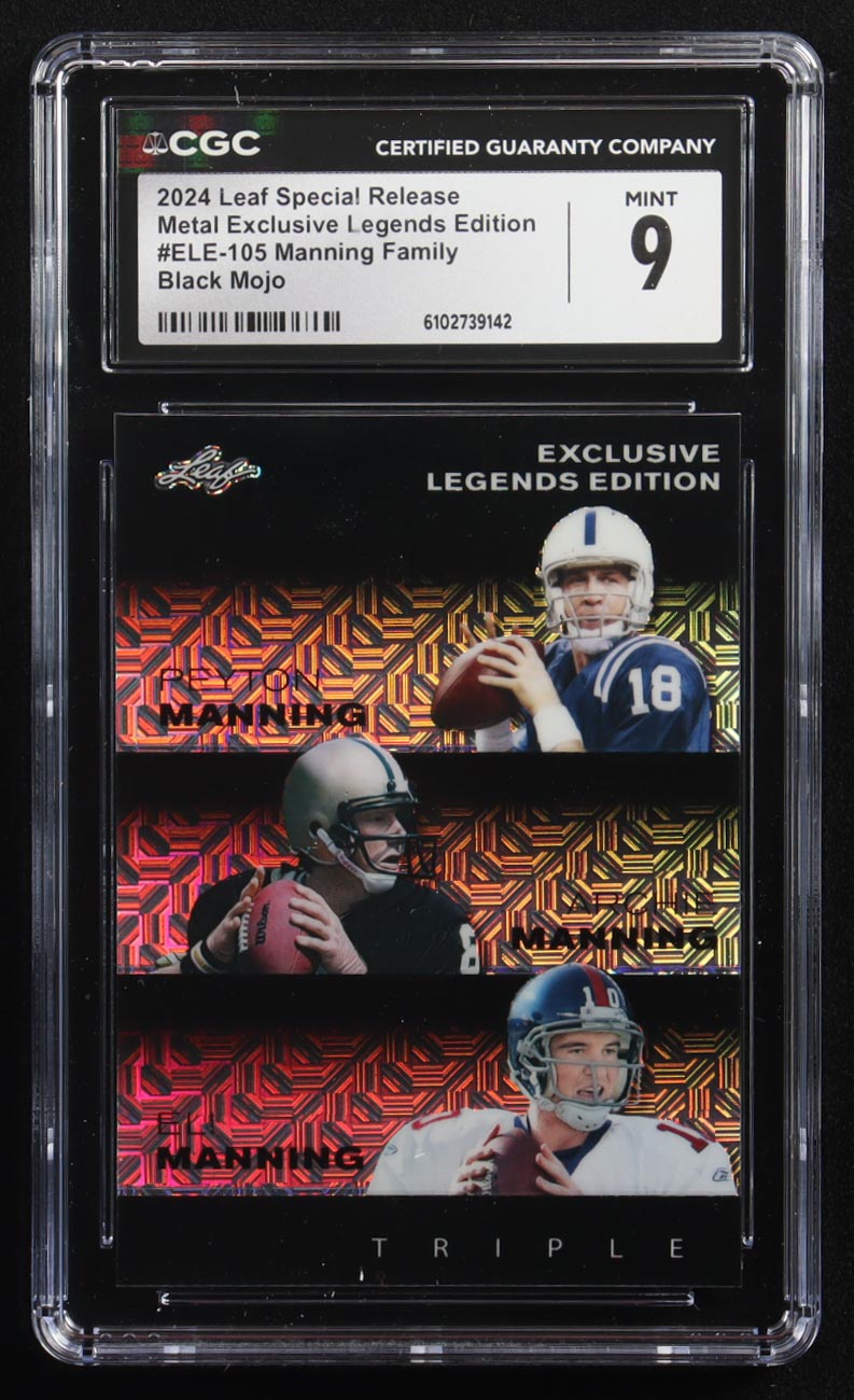 Archie Manning / Peyton Manning / Eli Manning 2024 Leaf Metal Special Release Exclusive Legends Ed. Manning Family Black Mojo Triple #ELE-105 #5/7 (CGC 9) at PristineAuction.com Archie Manning / Peyton Manning / Eli Manning 2024 Leaf Metal Special Release Exclusive Legends Ed. Manning Family Black Mojo Triple #ELE-105 #5/7 (CGC 9) at PristineAuction.com