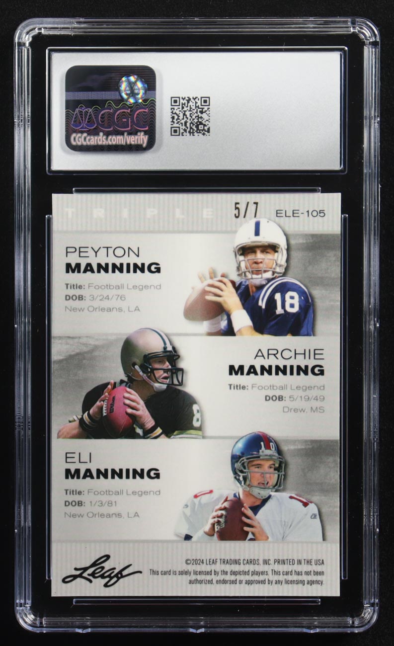Archie Manning / Peyton Manning / Eli Manning 2024 Leaf Metal Special Release Exclusive Legends Ed. Manning Family Black Mojo Triple #ELE-105 #5/7 (CGC 9) at PristineAuction.com Archie Manning / Peyton Manning / Eli Manning 2024 Leaf Metal Special Release Exclusive Legends Ed. Manning Family Black Mojo Triple #ELE-105 #5/7 (CGC 9) at PristineAuction.com