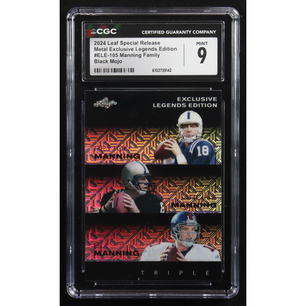 Archie Manning / Peyton Manning / Eli Manning 2024 Leaf Metal Special Release Exclusive Legends Ed. Manning Family Black Mojo Triple #ELE-105 #5/7 (CGC 9) at PristineAuction.com