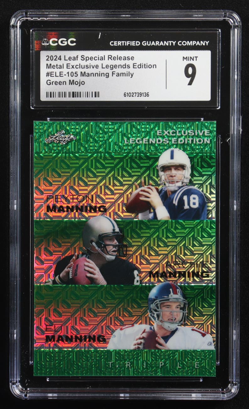 Archie Manning / Peyton Manning / Eli Manning 2024 Leaf Metal Special Release Exclusive Legends Ed. Manning Family Green Mojo Triple #ELE-105 #5/5 (CGC 9) at PristineAuction.com Archie Manning / Peyton Manning / Eli Manning 2024 Leaf Metal Special Release Exclusive Legends Ed. Manning Family Green Mojo Triple #ELE-105 #5/5 (CGC 9) at PristineAuction.com