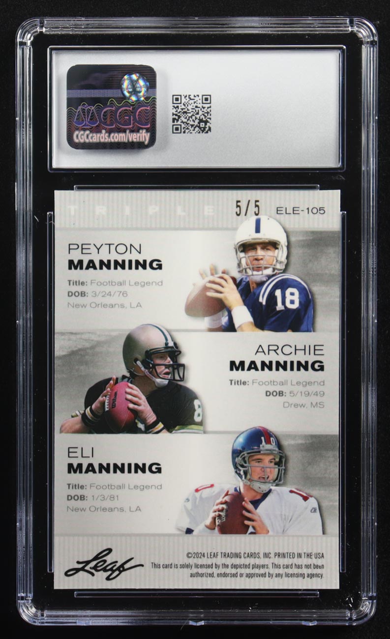 Archie Manning / Peyton Manning / Eli Manning 2024 Leaf Metal Special Release Exclusive Legends Ed. Manning Family Green Mojo Triple #ELE-105 #5/5 (CGC 9) at PristineAuction.com Archie Manning / Peyton Manning / Eli Manning 2024 Leaf Metal Special Release Exclusive Legends Ed. Manning Family Green Mojo Triple #ELE-105 #5/5 (CGC 9) at PristineAuction.com
