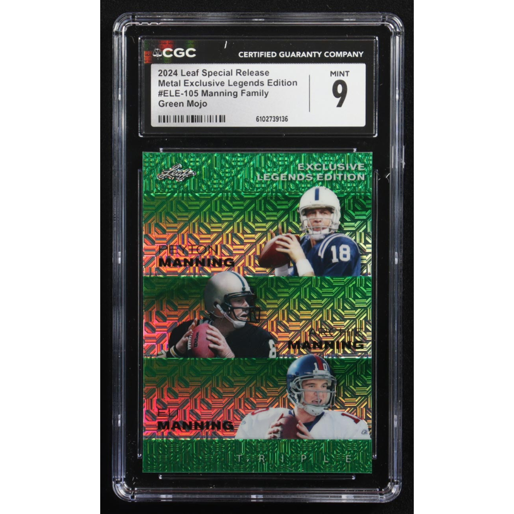 Archie Manning / Peyton Manning / Eli Manning 2024 Leaf Metal Special Release Exclusive Legends Ed. Manning Family Green Mojo Triple #ELE-105 #5/5 (CGC 9) at PristineAuction.com