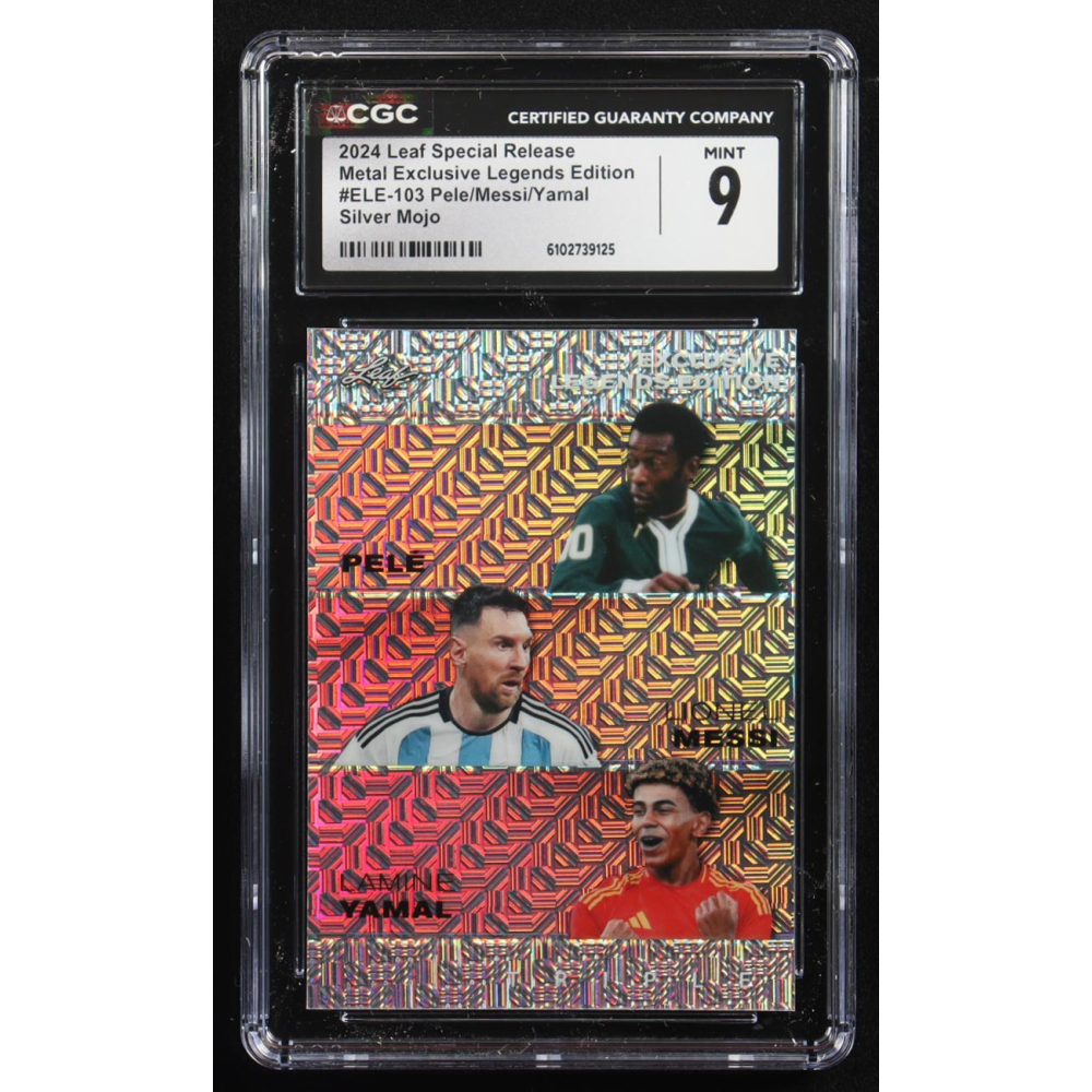 Pele / Lionel Messi / Lamine Yamal 2024 Leaf Special Release Metal Exclusive Legends Edition Silver Mojo Triple #ELE-103 #11/25 (CGC 9) at PristineAuction.com